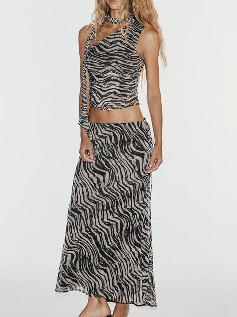 New Asymmetric Scarf Decorated Sleeveless Top And Skirt Set CODE: KAR5396
