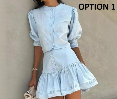 New Puff Sleeve High Waist Mini Skirt Set CODE: KAR5400