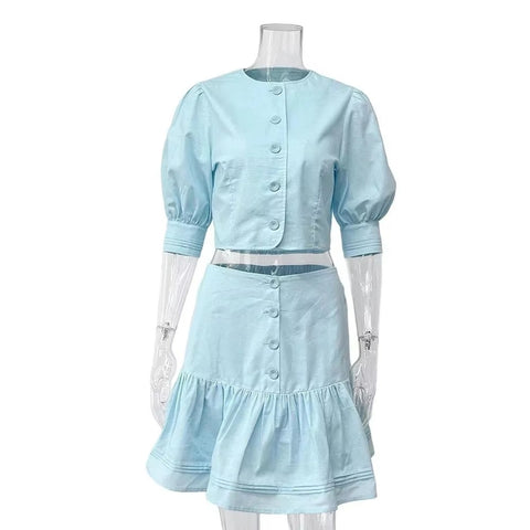 New Puff Sleeve High Waist Mini Skirt Set CODE: KAR5400