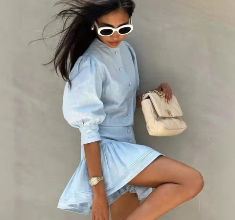 New Puff Sleeve High Waist Mini Skirt Set CODE: KAR5400