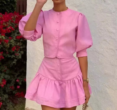 New Puff Sleeve High Waist Mini Skirt Set CODE: KAR5400