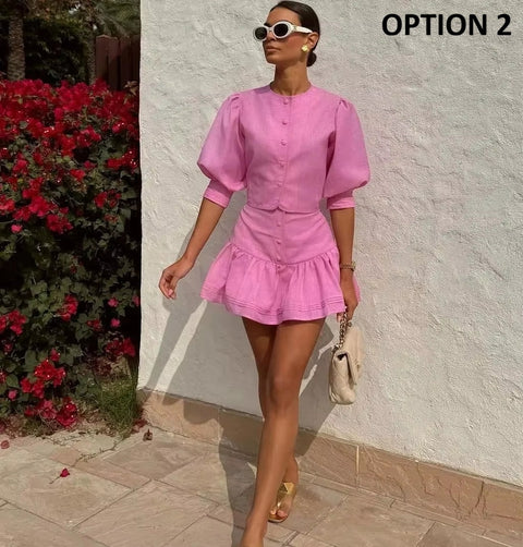 New Puff Sleeve High Waist Mini Skirt Set CODE: KAR5400