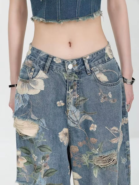 New Retro Print Hole Streetwear Loose All Match Wide Leg Pants CODE: KAR5404