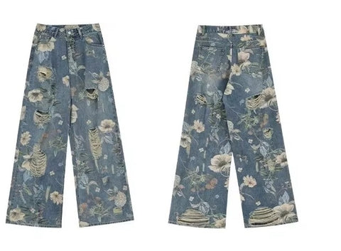 New Retro Print Hole Streetwear Loose All Match Wide Leg Pants CODE: KAR5404