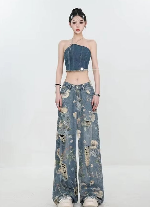 New Retro Print Hole Streetwear Loose All Match Wide Leg Pants CODE: KAR5404