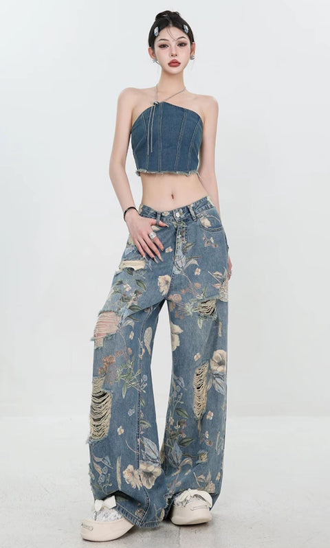 New Retro Print Hole Streetwear Loose All Match Wide Leg Pants CODE: KAR5404
