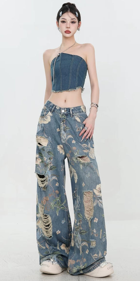 New Retro Print Hole Streetwear Loose All Match Wide Leg Pants CODE: KAR5404