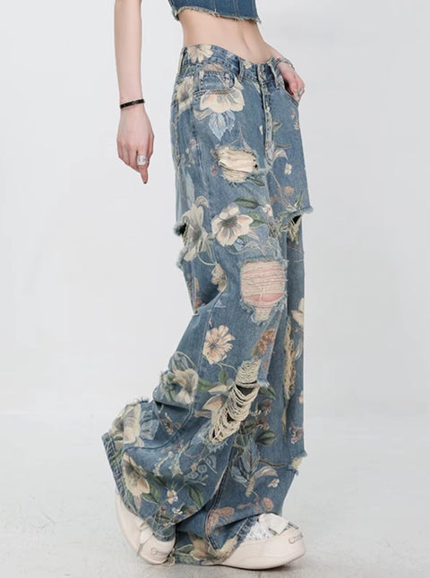 New Retro Print Hole Streetwear Loose All Match Wide Leg Pants CODE: KAR5404