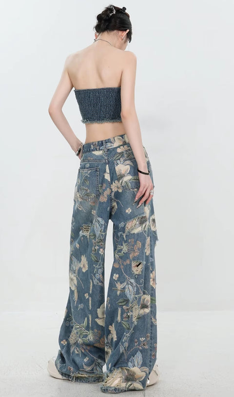 New Retro Print Hole Streetwear Loose All Match Wide Leg Pants CODE: KAR5404
