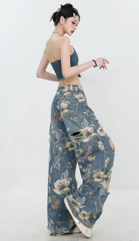 New Retro Print Hole Streetwear Loose All Match Wide Leg Pants CODE: KAR5404