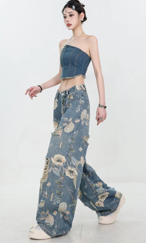 New Retro Print Hole Streetwear Loose All Match Wide Leg Pants CODE: KAR5404