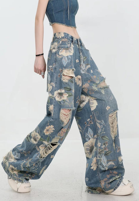 New Retro Print Hole Streetwear Loose All Match Wide Leg Pants CODE: KAR5404