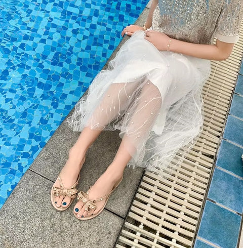 Fashion Flip Flops Luxury Designer Rivet Big Bow Flat Sandals CODE: KAR5407