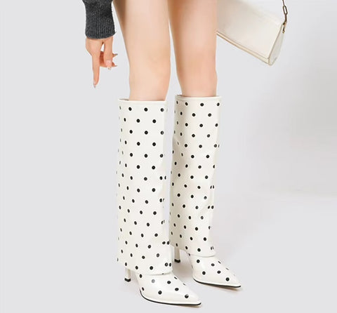 New Sexy Polka Dots Knee High Pointed Toe High Heel Boots CODE: KAR5408