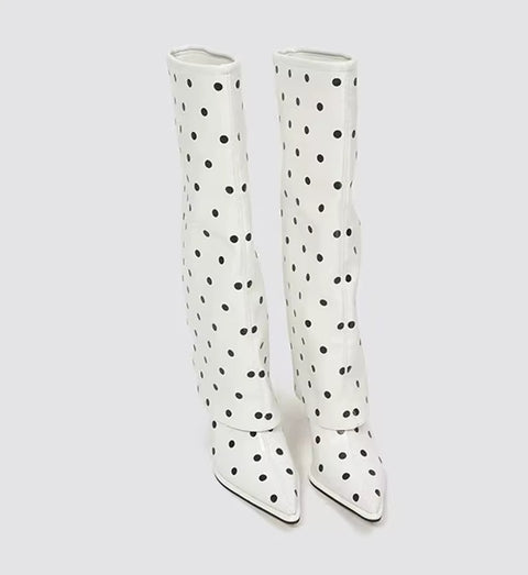 New Sexy Polka Dots Knee High Pointed Toe High Heel Boots CODE: KAR5408