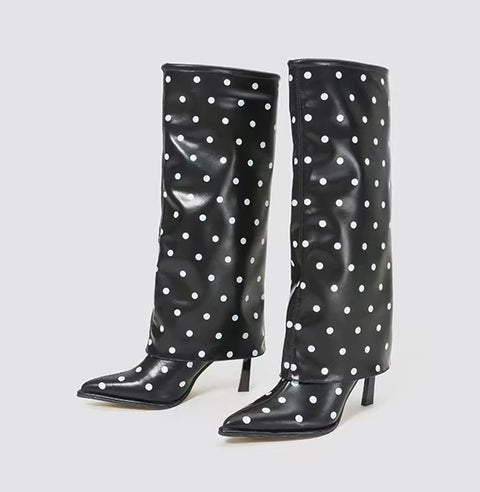 New Sexy Polka Dots Knee High Pointed Toe High Heel Boots CODE: KAR5408