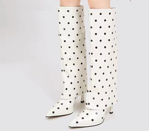New Sexy Polka Dots Knee High Pointed Toe High Heel Boots CODE: KAR5408