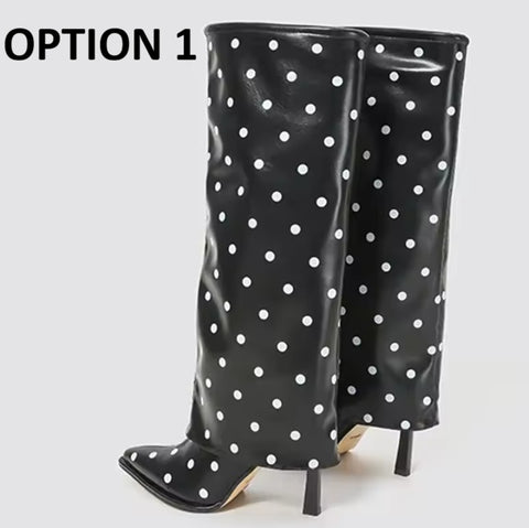 New Sexy Polka Dots Knee High Pointed Toe High Heel Boots CODE: KAR5408