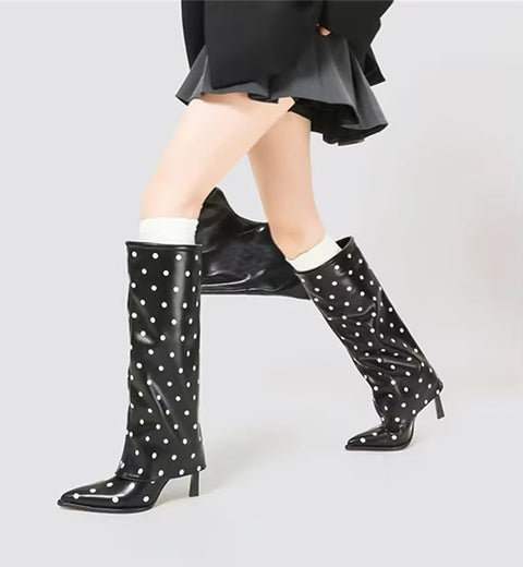 New Sexy Polka Dots Knee High Pointed Toe High Heel Boots CODE: KAR5408
