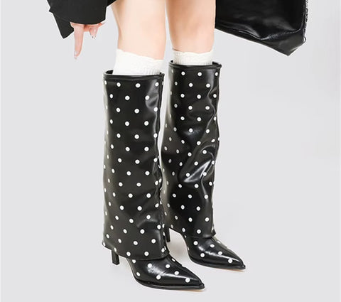 New Sexy Polka Dots Knee High Pointed Toe High Heel Boots CODE: KAR5408