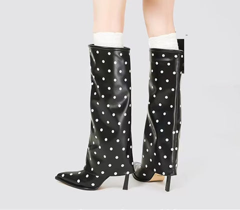 New Sexy Polka Dots Knee High Pointed Toe High Heel Boots CODE: KAR5408