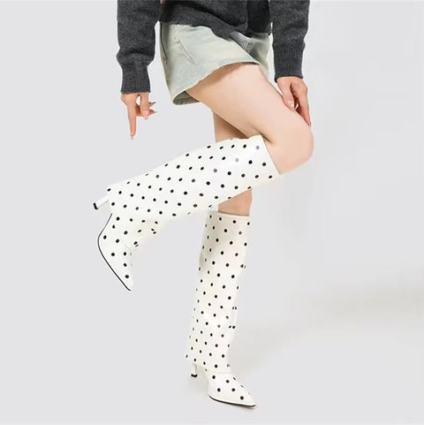 New Sexy Polka Dots Knee High Pointed Toe High Heel Boots CODE: KAR5408