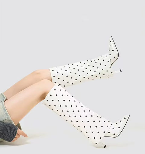 New Sexy Polka Dots Knee High Pointed Toe High Heel Boots CODE: KAR5408