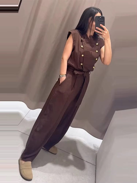 New Stand Collar Rope Knot Waist Belt Wide Leg Jumpsuit CODE: KAR5427