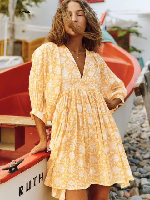 Summer V Neck Tied Rope Loose Casual Half Sleeve Printing Short Dress CODE: KAR2943