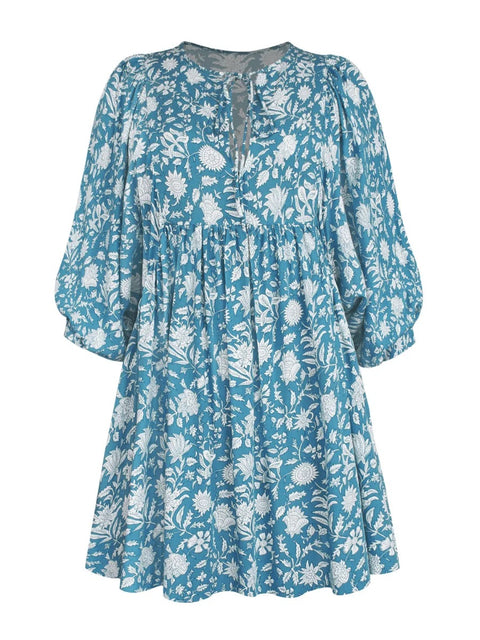 Summer V Neck Tied Rope Loose Casual Half Sleeve Printing Short Dress CODE: KAR2943