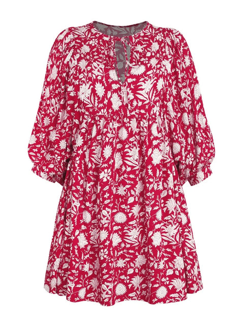 Summer V Neck Tied Rope Loose Casual Half Sleeve Printing Short Dress CODE: KAR2943