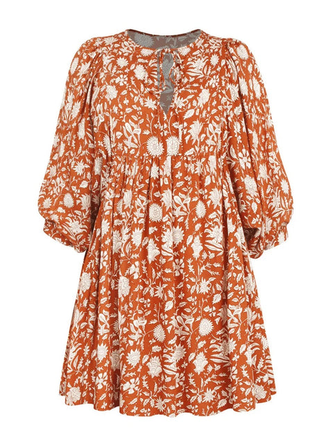 Summer V Neck Tied Rope Loose Casual Half Sleeve Printing Short Dress CODE: KAR2943