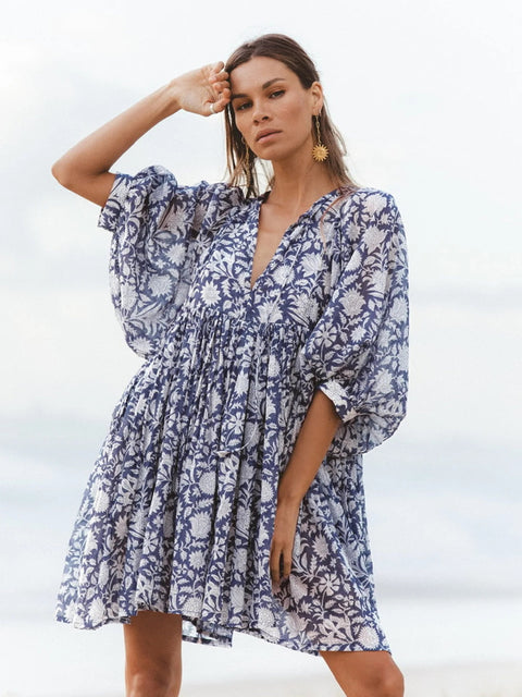 Summer V Neck Tied Rope Loose Casual Half Sleeve Printing Short Dress CODE: KAR2943