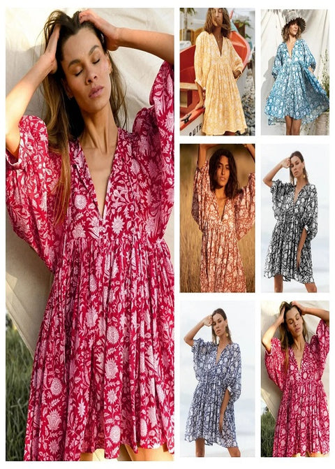 Summer V Neck Tied Rope Loose Casual Half Sleeve Printing Short Dress CODE: KAR2943
