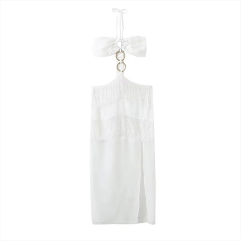 New Elegance Versatile Slimming Slim Fit Ring Buckle Bra Chiffon Tassel Dress CODE: KAR2973