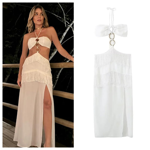New Elegance Versatile Slimming Slim Fit Ring Buckle Bra Chiffon Tassel Dress CODE: KAR2973
