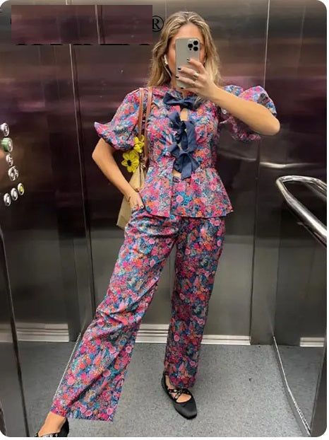 New Floral Print Pant Sets Bow Lace Up O Neck Shirts Top High Waist Trousers Suits CODE: KAR2974