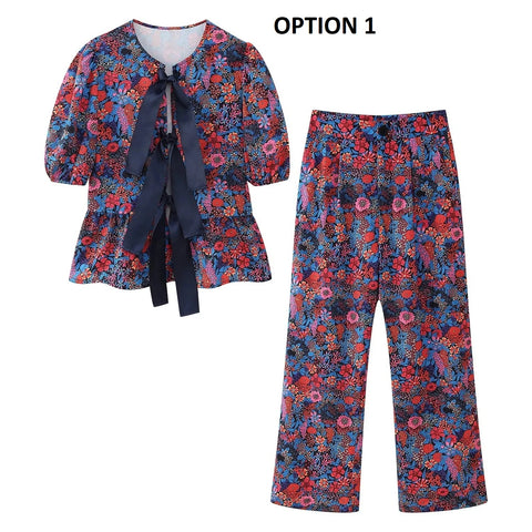 New Floral Print Pant Sets Bow Lace Up O Neck Shirts Top High Waist Trousers Suits CODE: KAR2974