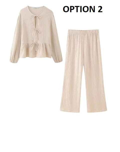 New Floral Print Pant Sets Bow Lace Up O Neck Shirts Top High Waist Trousers Suits CODE: KAR2974