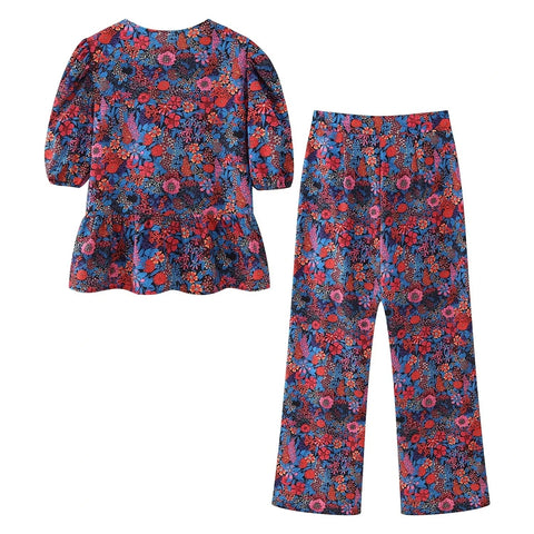 New Floral Print Pant Sets Bow Lace Up O Neck Shirts Top High Waist Trousers Suits CODE: KAR2974