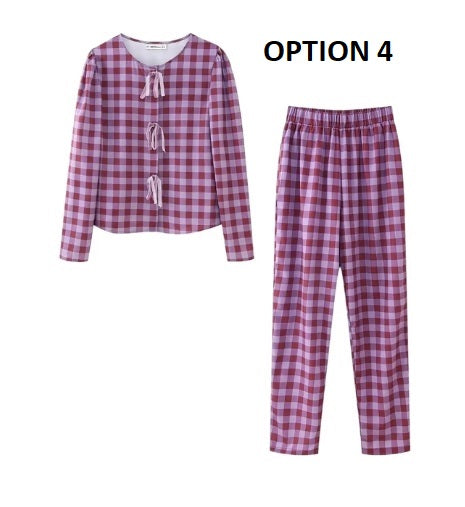 New Floral Print Pant Sets Bow Lace Up O Neck Shirts Top High Waist Trousers Suits CODE: KAR2974