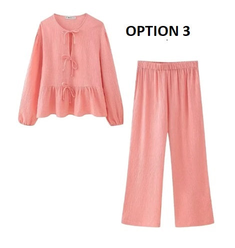 New Floral Print Pant Sets Bow Lace Up O Neck Shirts Top High Waist Trousers Suits CODE: KAR2974