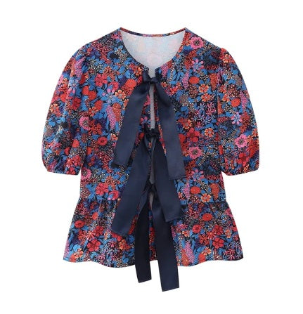 New Floral Print Pant Sets Bow Lace Up O Neck Shirts Top High Waist Trousers Suits CODE: KAR2974