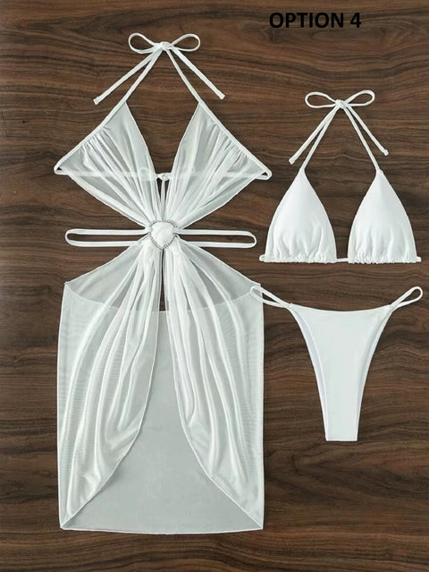 New Sexy Solid Halter Mesh Smock Push UP Backless Hollow 3PCS Set Swimwear CODE: KAR3725