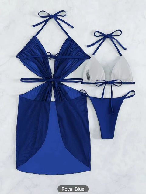 New Sexy Solid Halter Mesh Smock Push UP Backless Hollow 3PCS Set Swimwear CODE: KAR3725