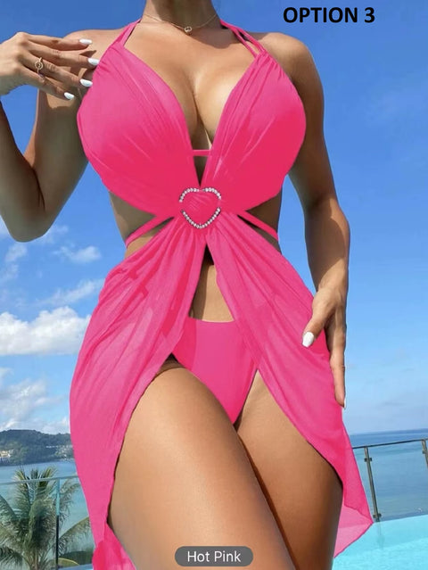 New Sexy Solid Halter Mesh Smock Push UP Backless Hollow 3PCS Set Swimwear CODE: KAR3725