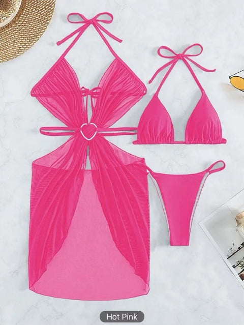 New Sexy Solid Halter Mesh Smock Push UP Backless Hollow 3PCS Set Swimwear CODE: KAR3725