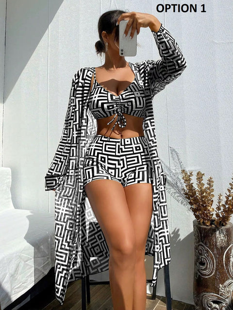 New Geometric Print Drawstring Casual Long Sleeve Open Front Cover Up Three-pieces Set CODE: KAR3726