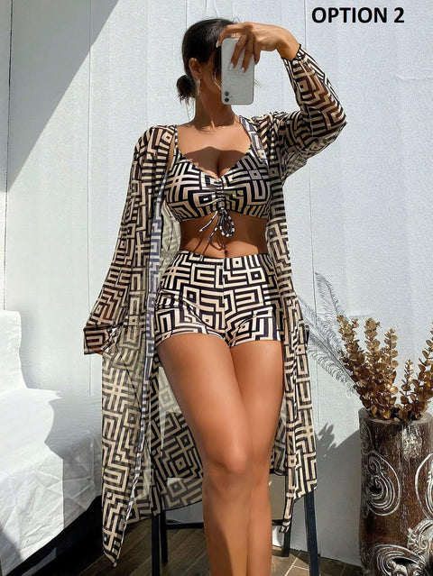 New Geometric Print Drawstring Casual Long Sleeve Open Front Cover Up Three-pieces Set CODE: KAR3726