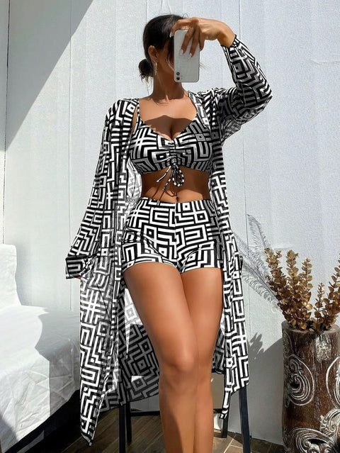 New Geometric Print Drawstring Casual Long Sleeve Open Front Cover Up Three-pieces Set CODE: KAR3726
